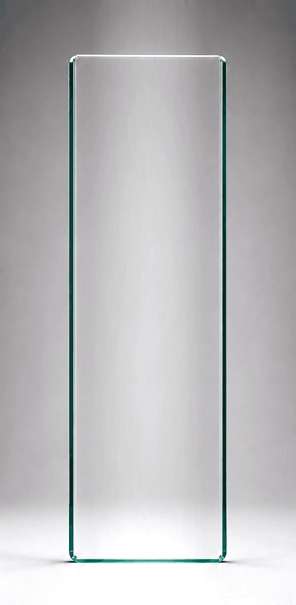15mm frameless balustrade glass panel, 300mm W x 1000mm H - toughened, heat-soaked, polished edges with 3mm radius corners.
