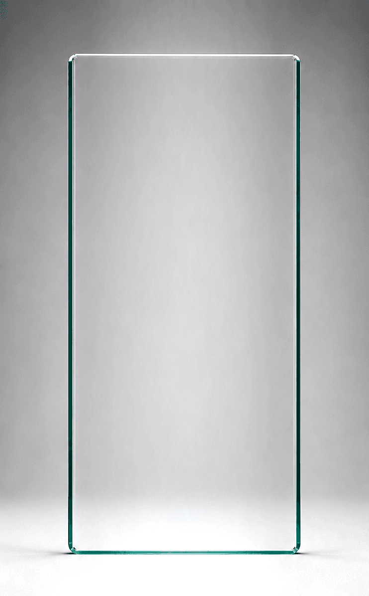 15mm frameless balustrade glass panel, 450mm W x 1000mm H - toughened, heat-soaked, polished edges with 3mm radius corners.