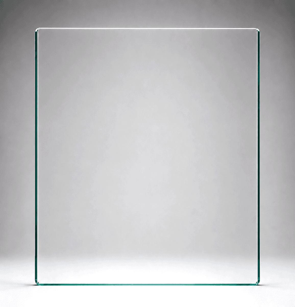 15mm frameless balustrade glass panel, 850mm W x 1000mm H - toughened, heat-soaked, polished edges with 3mm radius corners.